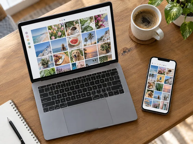 Notebook e celular exibindo o feed planejado de posts