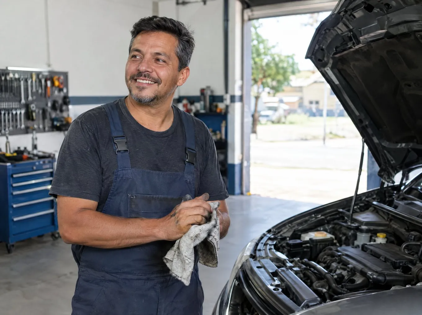 Mecânico dono de oficina ao lado do carro