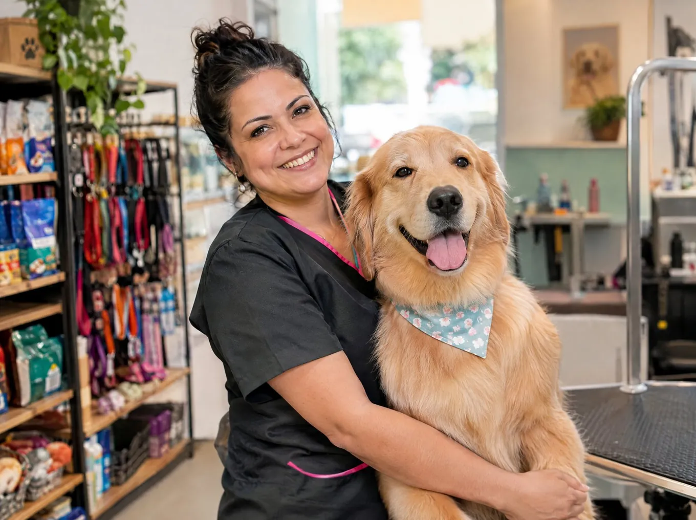 Dona de pet shop com cachorro